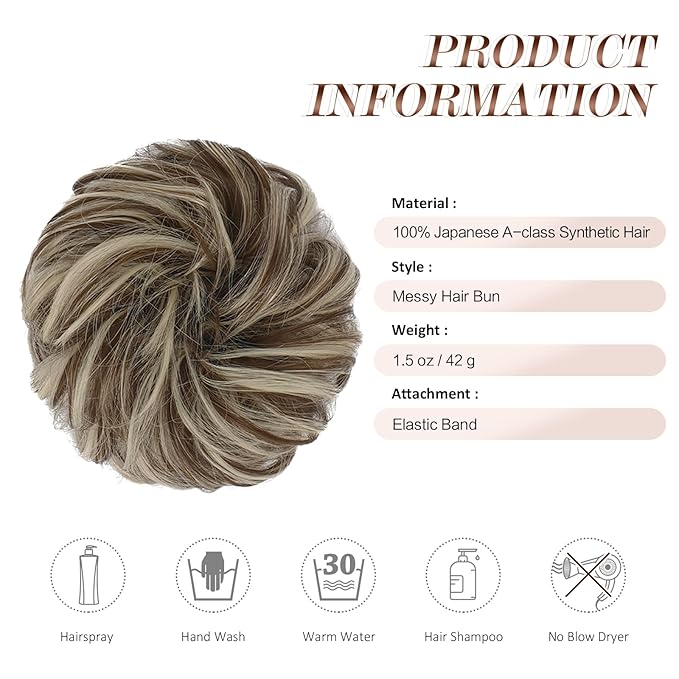 FESHFEN Messy Bun Hair Piece - Wavy Synthetic Chignon Scrunchies for Instant Volume, Elastic Bun Ponytail Hair Extensions Thick Hairpieces for Women, Golden Brown & Bleach Blonde 1.50 oz
