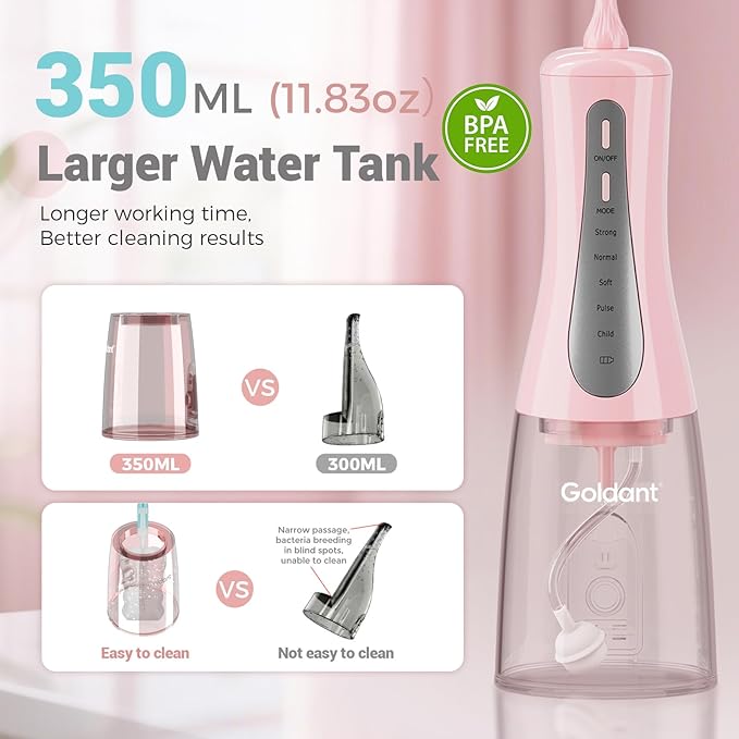GOLDANT 350ML Water Dental Flosser Teeth Pick with Travel Bag, 5 Modes Portable Cordless Oral Irrigator Cleaner, Electric Rechargeable IPX7 Waterproof for Home Travel Teeth Cleaning flossing (Pink)