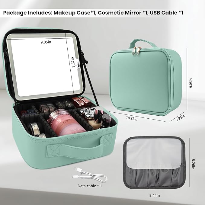 SUILU Travel Makeup Bag with LED Mirror and Light Makeup Travel Bag Organizer Portable Cosmetic Brush Organizer Bag with Adjustable Dividers for Cosmetics Makeup Brushes Toiletry (Light Green)