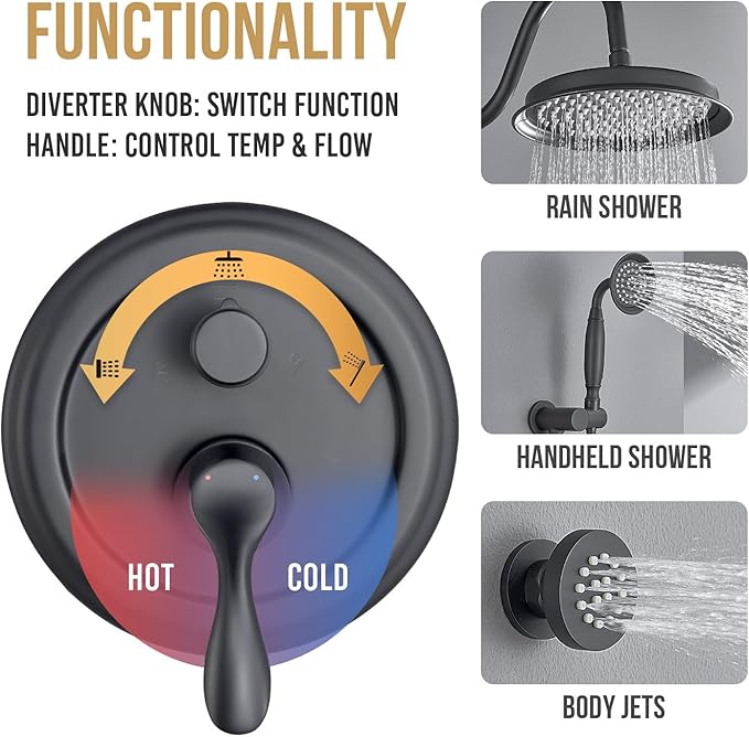 DASAN Antique Shower Faucet Sets Complete Rain Shower System in Wall with Body Shower Spray Jets, Matte Black Shower Fixtures with 9’’ Rainfall Overhead Shower, Handheld, Valve & Trim Kit, AT249W-MB