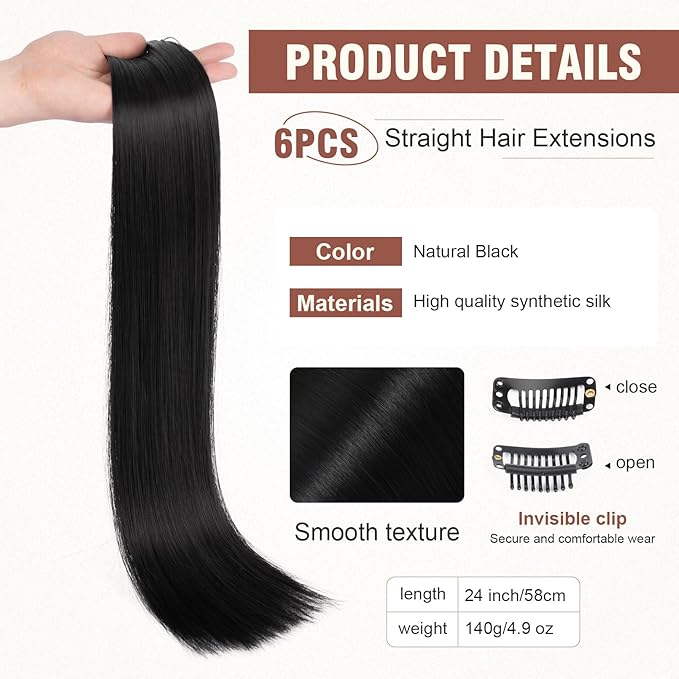 FLUFYMOOZ 6PC Clip in Hair Extensions 24" Straight Long Extensions for Women Synthetic Hairpiece (Natural Black)
