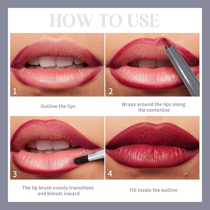 Mousse Lip Liner Pencil, Long Wear Lip Liner Velvet Matte Creamy Long Lasting Lip Liner Pencil, Dual-Ended Full Coverage Lip Liner with Lip Brush, High Pigment & Smudge-proof Lip Pencil Makeup(02#)