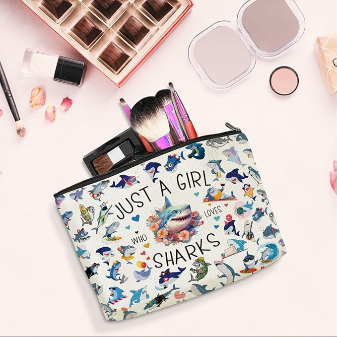 A Girl Loves Sharks Shark Gifts Shark Stuff Sharks Decor Cosmetic Bag travel Makeup Bag Gifts for Women Coworker Teens Bestie Best Friend Birthday Easter Anniversary Graduation Christmas Nurse Day