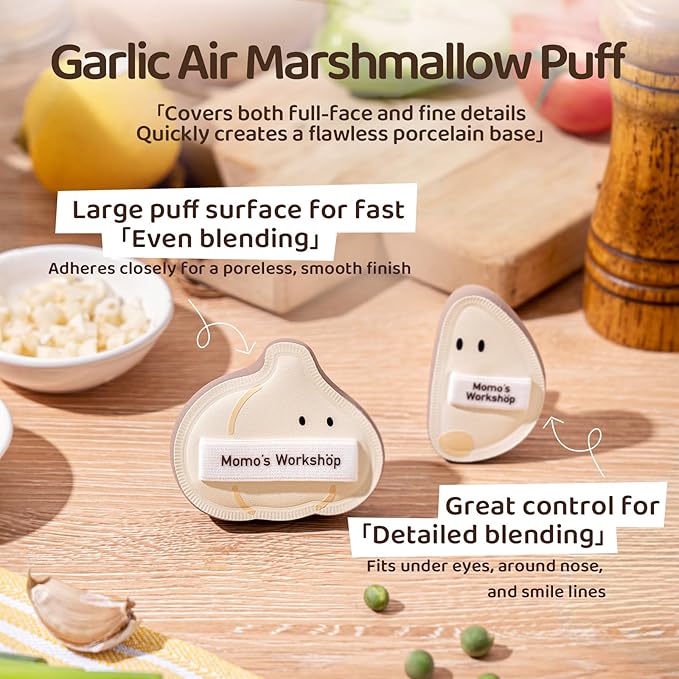 Momo's Workshop 3-Pack Garlic Shape Makeup Puffs, High-Density Rubycell for Oil Control & Full Coverage, Firm PU Leather Backing for Flawless Cream Skin Finish, for Liquid & Cream Makeup