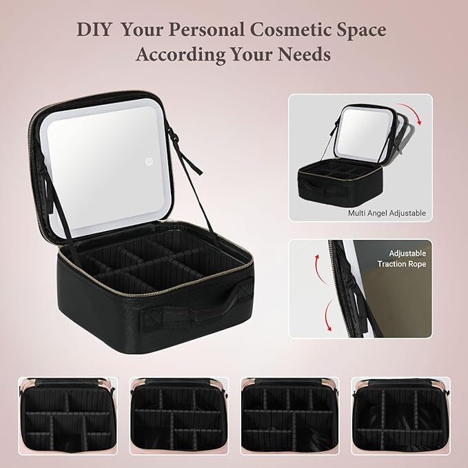 Behaesty Travel Makeup Bag with LED Lighted Mirror, Cosmetic Makeup Organizer Bag with 3 Color Setting, Makeup Train Case with Adjustable Dividers for Women Makeup Brushes Jewelry Accessories (Black)