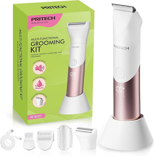 PRITECH Bikini Trimmer for Women, 2-in-1 Rechargeable Electric Razors for Women, Waterproof Pubic Hair Trimmer Women for Pubic Bikini Hair, Legs, Arms, Underarms, with Travel Lock, Champagne