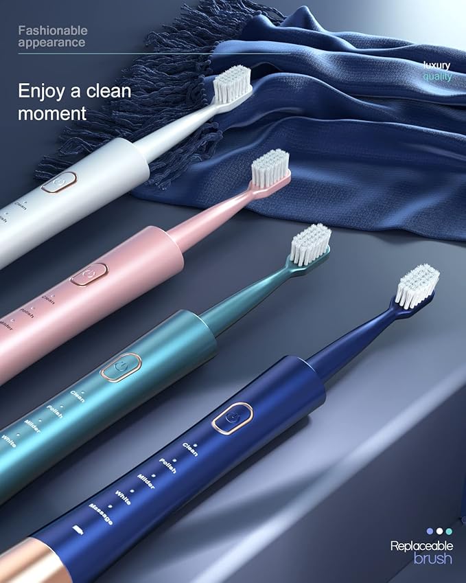 IPX7 Waterproof Sonicare Electric Toothbrush, 2-Hour Fast Charge with Intelligent Time Reminder, 5 Modes, 8 Brush Heads, Travel, Indoor, Outdoor, Blue