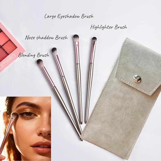 SHELWIN Eyeshadow Makeup Brushes Set with Case 4 PCS Soft Synthetic Hairs Eye Makeup Brushes for Blending Eyebrow Eyeliner Eyeshadow （Rosegold）