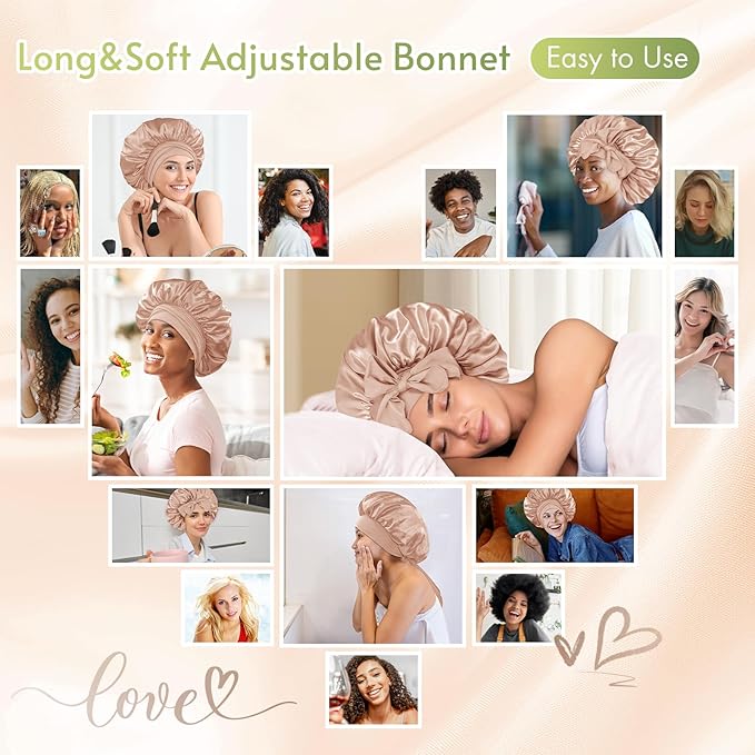 BONNET QUEEN 2Pcs Pack Silk Bonnet for Sleeping Satin Bonnet Hair Bonnet with Tie Band Sleep Bonnet Men Bonnet for Women Curly Hair Brown Champagne