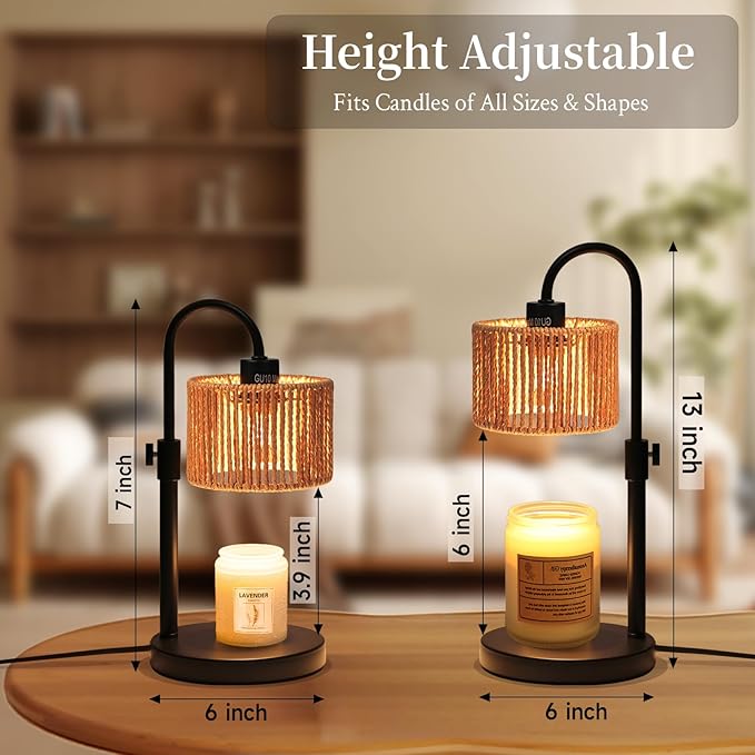 Boho Candle Warmer Lamp, Adjustable Height Candle Wax Warmer with Timer, Candle Lamp Warmer for Jar Candles, House Warming Gifts Brithday Gifts for Women Bedroom Home Decor (Rattan)