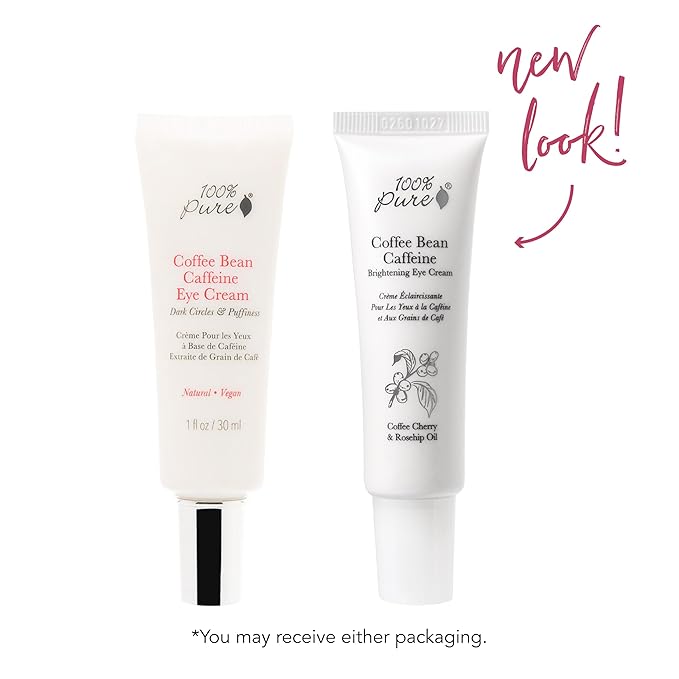 100% PURE Coffee Bean Caffeine Eye Cream Refresh & Hydrate Under Eye Treatment Reduce Puffiness, Dark Circles, Wrinkles with Green Tea, Rose Hip, Vitamin E - Youthful Vibrant Eyes - Vegan - 1 oz