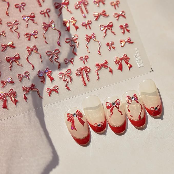 Valentine Bow Nail Art Stickers Bow Nail Decals 3D Self-Adhesive Bows Nail Design Sticker Valentines Manicure Decals Decoration Accessories for Women Holiday DIY Supplies