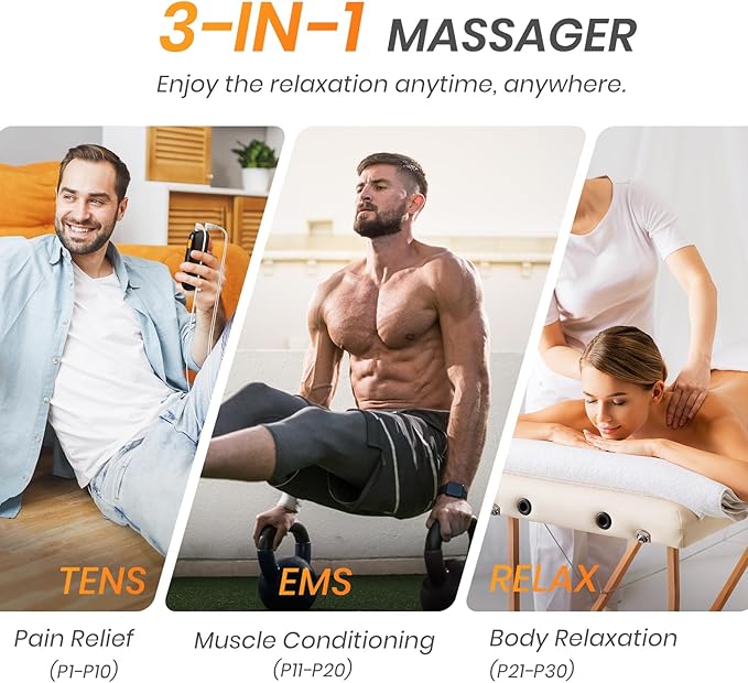 AVCOO 3-in-1 TENS Unit Muscle Stimulator with 30 Modes, 40 Intensities TENS Machine for Gradual Back Pain Relief Therapy, Rechargeable EMS Unit Massager with 12 TENS Electrode Pads, a Storage Bag