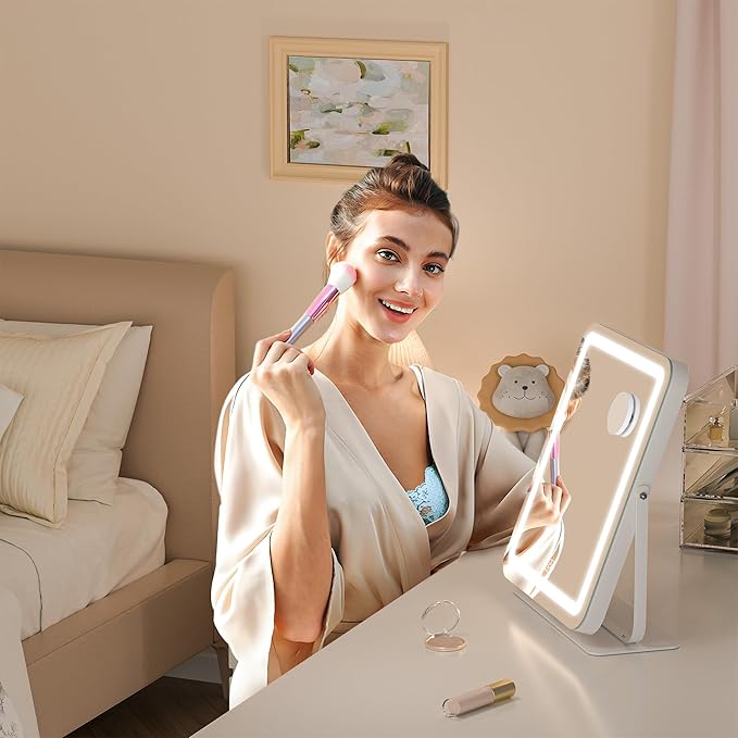 Hasipu Makeup Vanity Mirror with Lights, 12" L x 14" W LED Tabletop Make up Mirror for Desk, Lighting & Brightness Adjustment, 360°Rotation, 10x Magnification