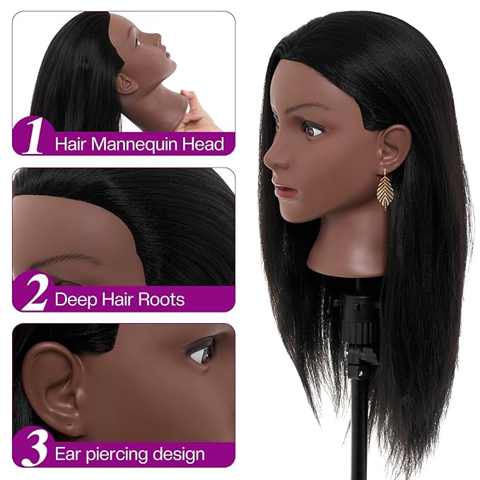 20-22 Inch Mannequin Head Human Hair with Stand,100% Real Human Hair Mannequin Head for Braiding,Cosmetology Manikin Doll Head for Styling with Table Clamp Hair Braiding Set(Brown)
