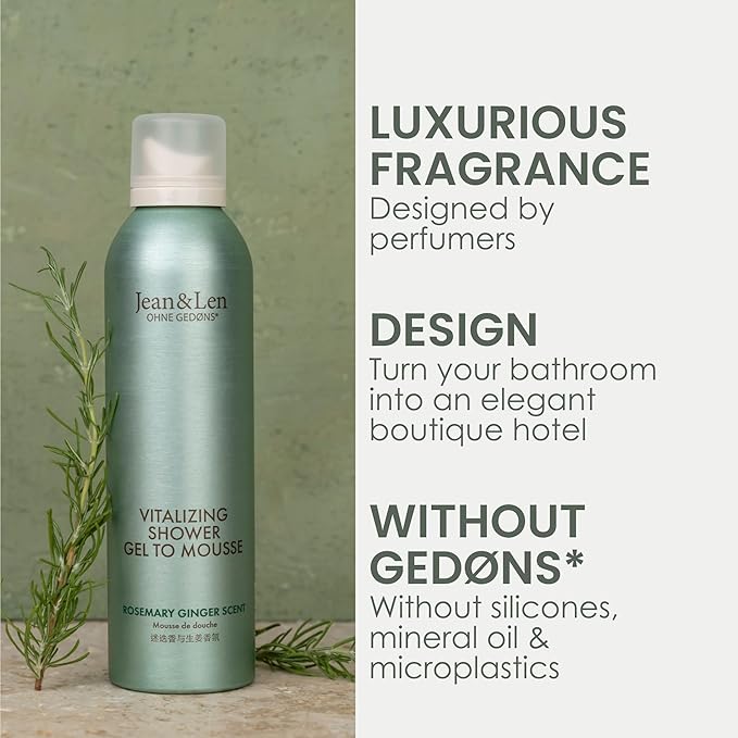 Jean & Len Shower Soufflé Rosemary & Ginger, with almond, jojoba and babussa oil, for a fragrant cleansing experience, for normal to dry skin, shower foam, without parabens & silicones, 6.76 Fl. Oz.