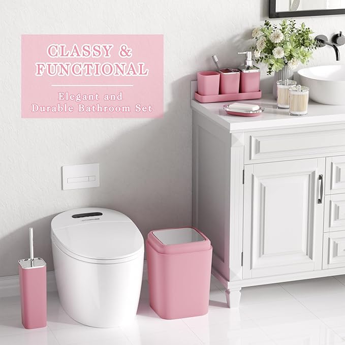 XLHOMO Pink Bathroom Accessories Set, 9PCS Pink Bathroom Accessory Sets Complete with Trash Can, Tray,Soap Dispenser,Soap Dish,Toothbrush Holder,Cup,Toilet Brush and Qtip Holders for Housewarming