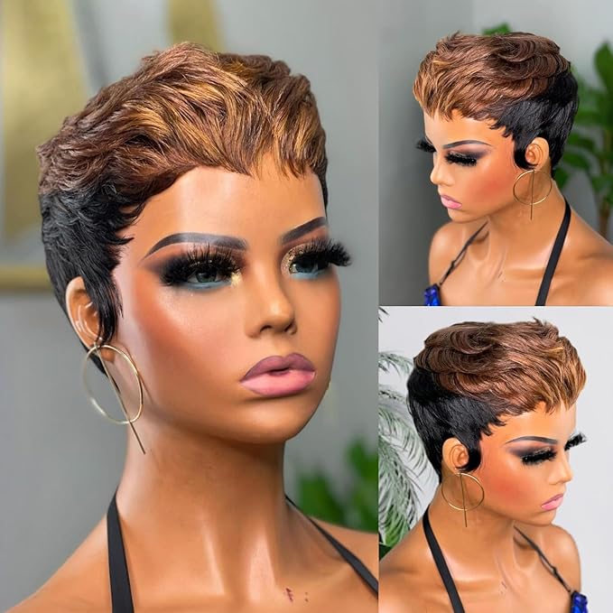 Pixie Cut Wigs for Black Women Short Layered Haircut Pixie Cut Wig Human Hair Natural Black and 4/30 colored Full Machine Made Glueless Wig with Bangs for daily use