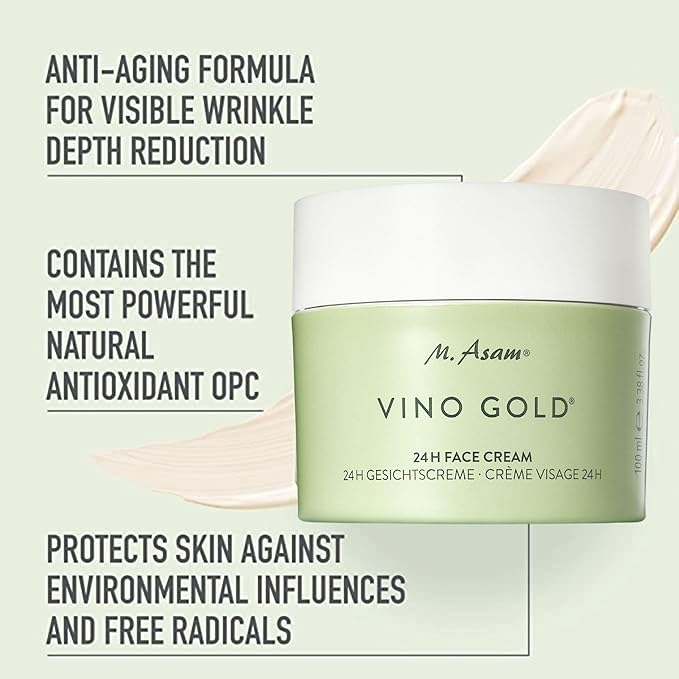 M. Asam VINO GOLD 24h Facial Cream (3.38 Fl Oz)- 24h day cream & night moisturizer against lines & wrinkles, protection against skin aging, anti-aging, vegan facial care, skincare for women.