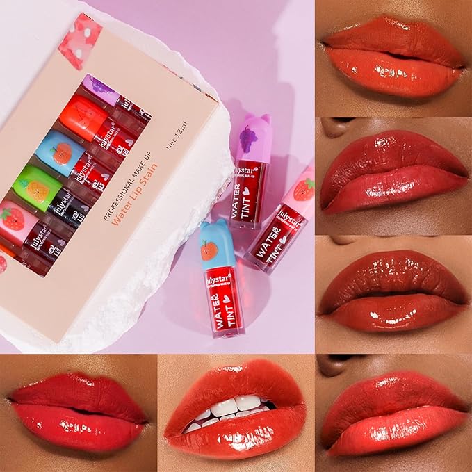 6 Colors Water Based Lip Stain Set，Dyeing Lip Liquid Lip Glaze，Multi-use Korean Moisturizing Velvet Mini Lip Glaze，Vivid Color Lip Stain with Weightless Long lasting Non-Stick Cup Waterproof