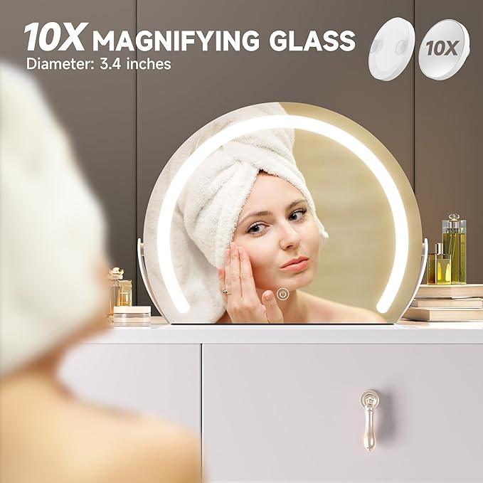 Hasipu Vanity Mirror with Lights, 13.8" x 10.7" LED Makeup Mirror, Lighted Makeup Mirror with Lights, Smart Touch Control 3 Colors Dimmable Mirror, White
