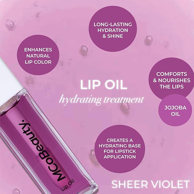 MCoBeauty - Lip Oil Hydrating Treatment - Sheer Violet - Moisturizing Jojoba Oil Lip Gloss - Juicy High-Shine Tinted Lip Glaze for Dry Lips with Doe-Foot Applicator - Cruelty Free Lip Care