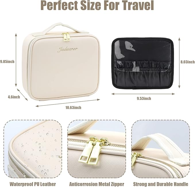Jadazror Portable Travel Makeup Bag with Lighted Mirror, 3 Color Brightness, Beige