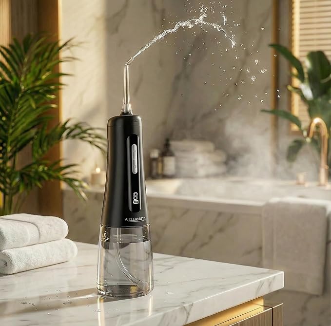 Wellooriya Cordless Water Flosser for Teeth – 300mL Large Tank, 9 Pressure Levels, LED Display, USB-C Rechargeable, IPX7 Waterproof Dental Oral Irrigator for Home & Travel (Black)