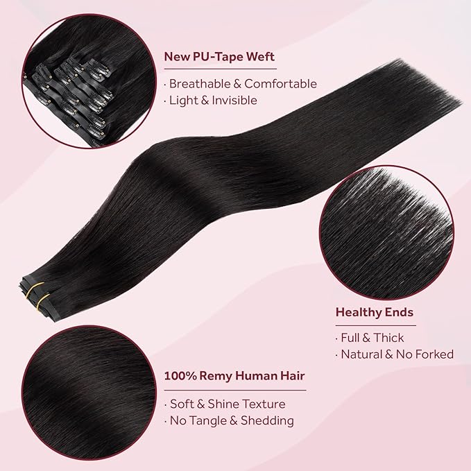 Clip in Hair Extensions Real Human Hair Natural Black Seamless Clip In 100% Remy Hair Extensions PU Skin Weft Add Volume Invisible for Long Straight Hair #1B 22Inch 120G 8PCS