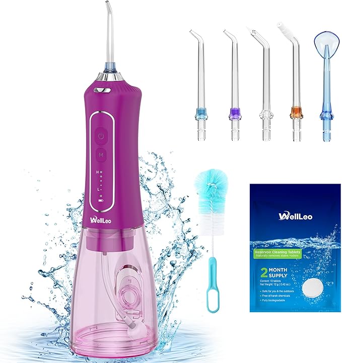 WellLeo Water Flosser for Teeth, 300ML Cordless Oral Irrigator Rechargeable Dental Flosser Picks with 5 Modes 5 Jet Tips,IPX7 Waterproof Teeth Cleaner for Braces Gum Care, Home Travel Use