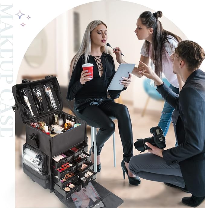 Kemier studio makeup case Omni-directional wheels 2 in 1 Professional Soft Sided,Removable,Artist Rolling Makeup Train Case,Cosmetic Organizer w/Storage Drawers