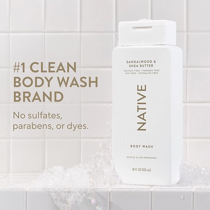 Native Body Wash Contains Naturally Derived Ingredients | For Women & Men, Sulfate, Paraben, & Dye Free Leaving Skin Soft and Hydrating | Sandalwood & Shea Butter 18 oz
