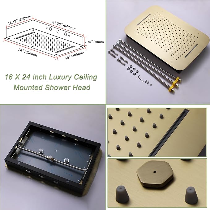 KATAIS Brushed Gold 16X24 inch Ceiling Mounted Shower Head Set(Rain&Waterfall&Mist 3 Modes), Digital Display Shower System with 6 PCS Body Jet and Handheld Spray