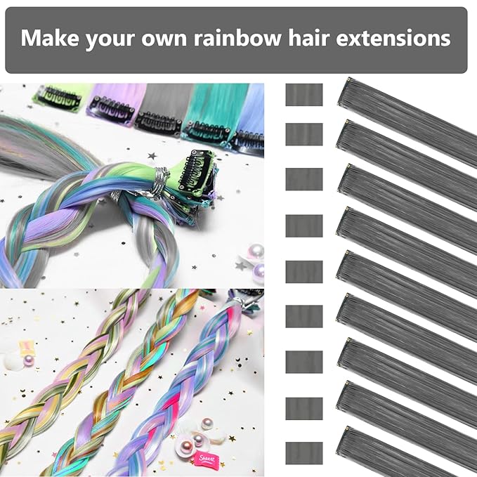 Colored Hair Extensions 14 PCS, 22 In Rainbow Gray Clip in Hair Extensions Party Highlights, Colorful Long Straight Synthetic Hairpieces for Girls Women Kids Cosplay Gift(Dark Grey)