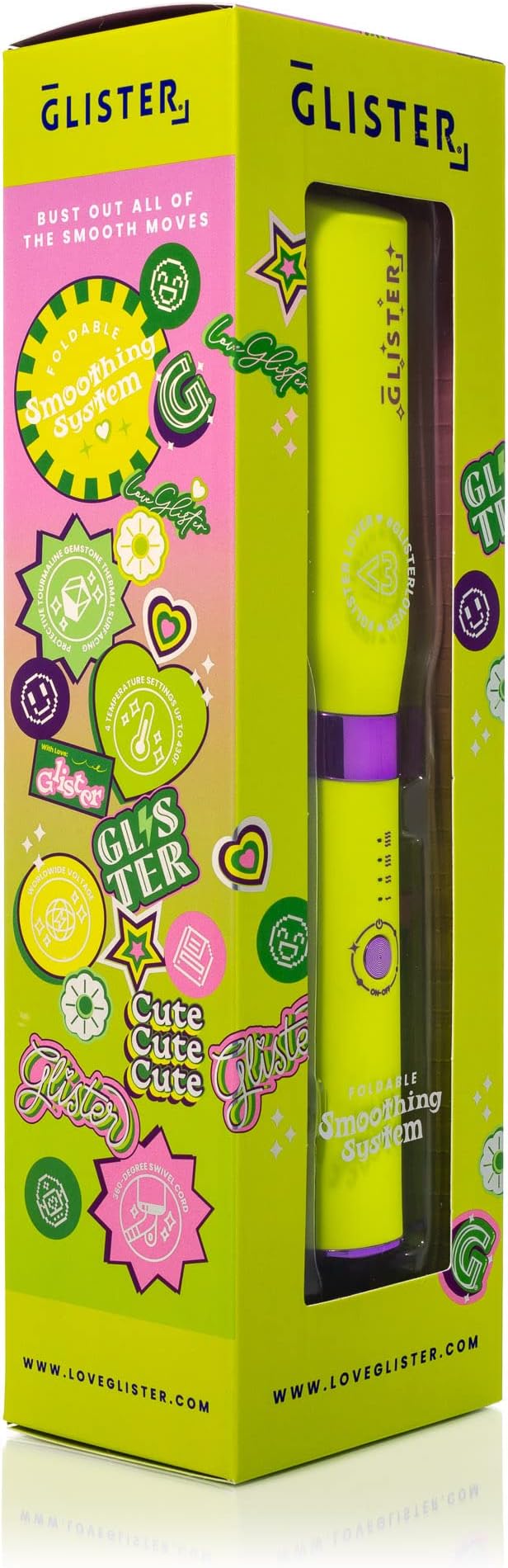 Glister Folding Hair Straightener Brush, Hair Brush for Hair Straightening, Volumizer, Fringe Curler, Hair Styling Comb with Adjustable Temperature - Lime Burst (Yellow)