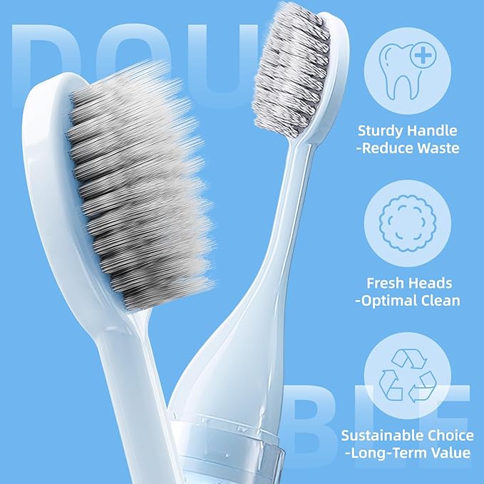Folding Travel Toothbrush Set, Foldable Travel Toothbrush Kit with 2 Soft Brush Heads, Traveling Size Tooth Brush with Built-in Toothpaste Container for Hiking, Camping, On The Go (Blue)