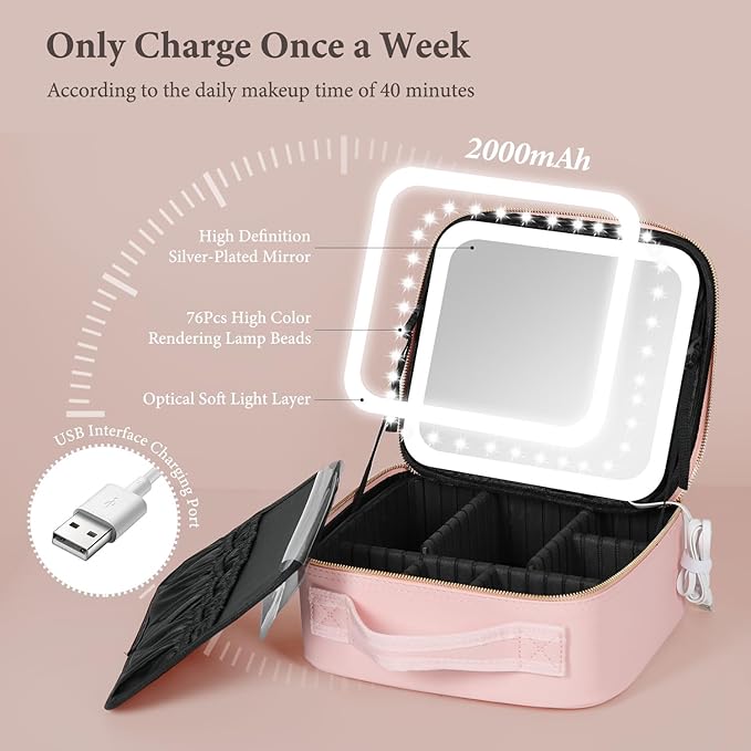 Behaesty Travel Makeup Bag with LED Lighted Mirror, Cosmetic Makeup Organizer Bag with 3 Color Setting, Makeup Train Case with Adjustable Dividers for Women Makeup Brushes Jewelry Accessories (Pink)