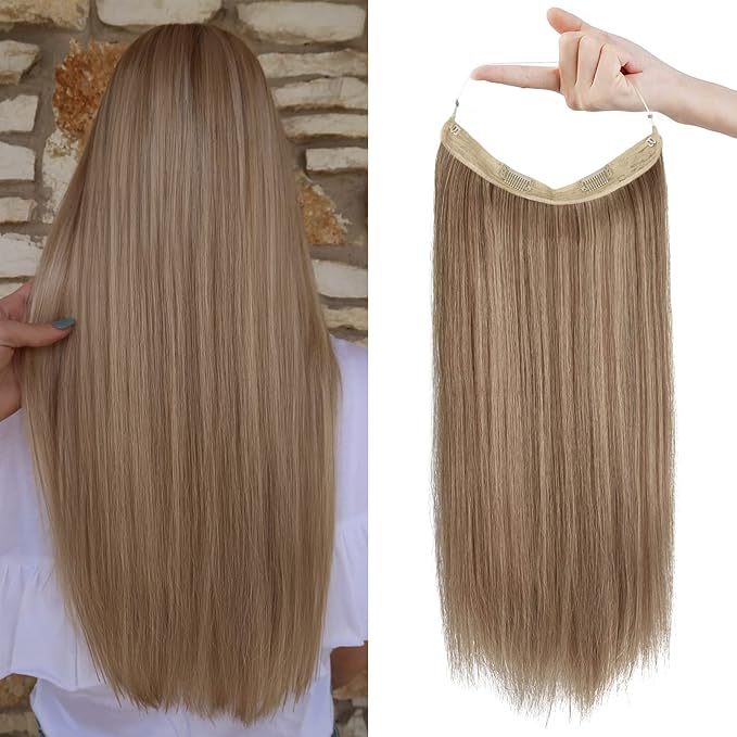 REECHO Invisible Wire Hair Extensions with Transparent Headband Adjustable Size Removable Secure Clips in Straight Secret Hairpiece for Women (14 Inch (Pack of 1), Dark Blonde)