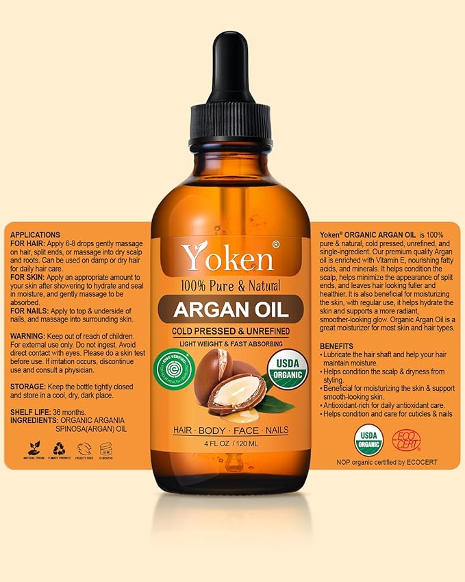 Organic Argan Oil for Hair 4 Fl Oz, USDA Pure and Natural Morocco Argan Oil, Argon Oil For Hair, Scalp, Face & Skin Care, 100% Cold Pressed Hair Conditioner, Unrefined Argon Nails Carrier Oil