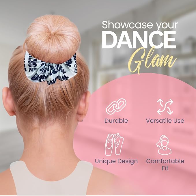 Dance Scrunchie – Soft Velvet Hair Tie with Dancer Print for Girls and Teams – Black and White Dance Accessory and Gift for Recitals, Competitions, Ballet, Jazz, or Cheer