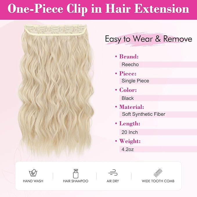 REECHO Blonde Hair Extensions, 20” Single Piece Clip in Hair Extensions Thick Long Beach Wavy Natural Soft Synthetic Hairpieces for Women, Cool Light Blonde