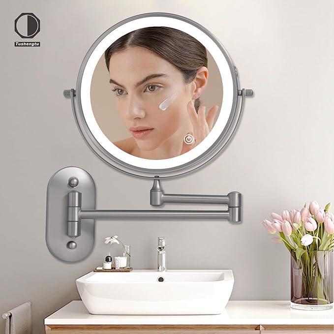 Rechargeable Wall Mounted Lighted Makeup Vanity Mirror with 10X/1X Magnification For Shaving, 8Inch Brushed Nickel Magnifying Mirror Makeup Wall Mounted with Light,13 Inch Extendable (8CB-N10X)