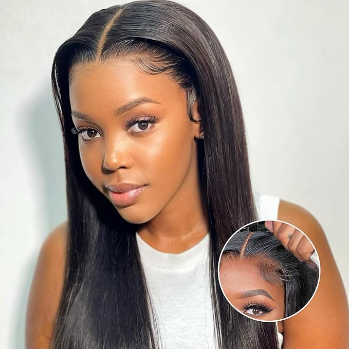 Real Wear and Go Glueless Wig Human Hair Straight, 6x4 Pre-Cut Lace Glueless Wigs Pre-Plucked, HD Transparent No Glue Lace Front Closure Wigs for Women 200% Density 30 inch