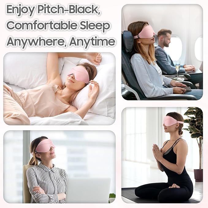 MOEASEii Sleep Mask - Total Blackout 3D Sleeping Mask, Super Lightweight & Silky Soft Eye Mask for Sleeping, Fully Adjustable Fit for Home, Office, Traveling, Meditation, Yoga, Pink