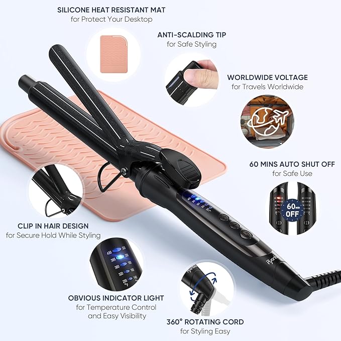 0.75 Inch Curling Iron, 5 Temperature Settings, Professional Spring Hair Iron for All Hair Types, Max 430℉ with Heat Resistant Mat (3/4 Inch Black)