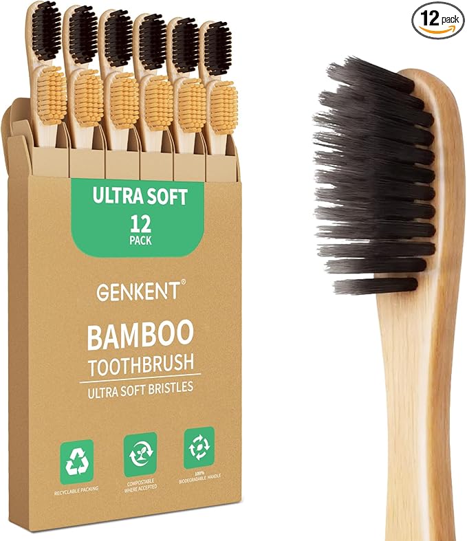 GENKENT Ultra Soft Bamboo Toothbrush, 12 Pack, 0.15mm Bristles