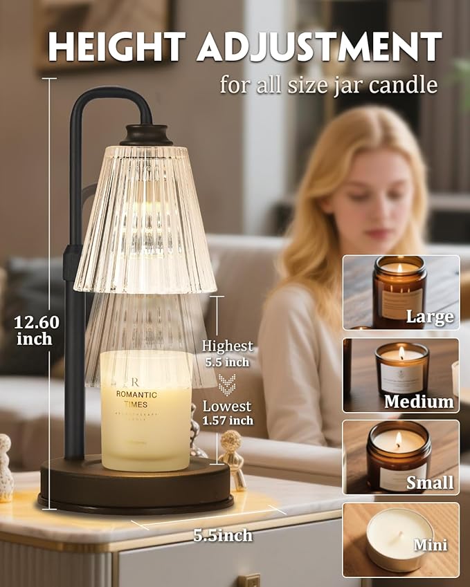 Candle Warmer Lamp With Timer Dimmable, Birthday Valentines Day Gifts for Women Mom, Adjustable Candle Warming Lamp with 2 Bulbs, Black Candle Lamp Warmer for Jar Scented Candles, Home Decor