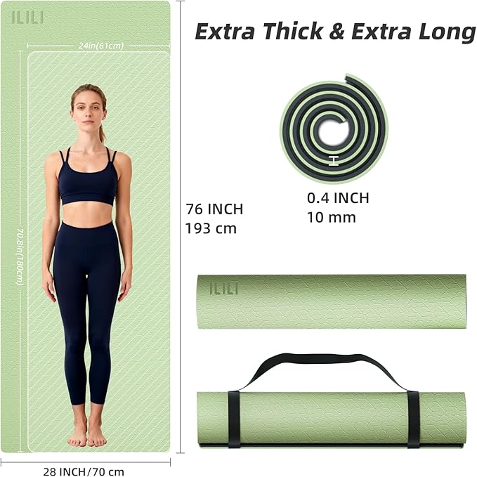 ILILI Yoga Mat 10mm Extra Thick and 193cm Extra Long, 76x28×0.4 Inch, Double Color Non-Slip TPE Material, Easy Carrying with Strap, Ideal for Yoga, Pilates, Floor Exercise, Home and Outdoor Use, Eco Friendly