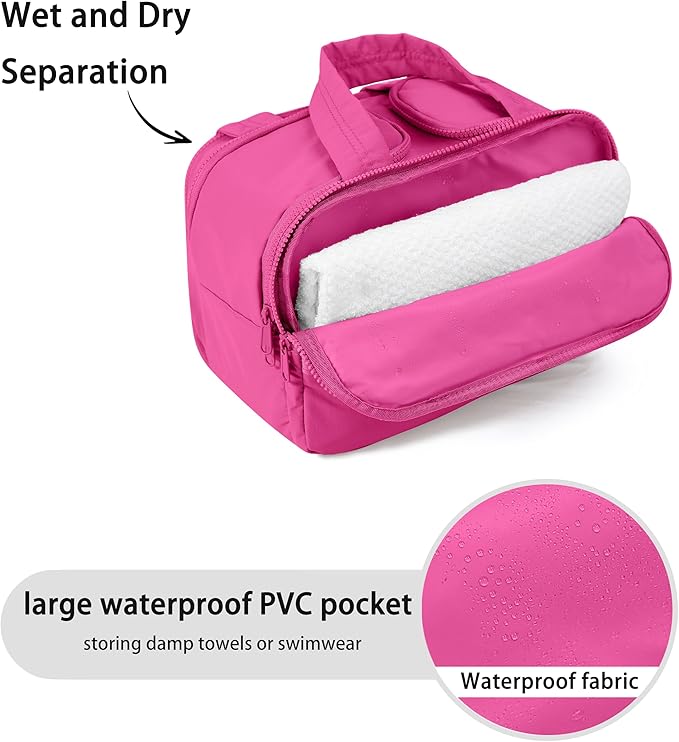 BUZFOWU Travel Toiletry Bag for Women, Large Wide-open Puffy Cosmetic Makeup Bag with Wet-Dry Separation, Multi-Pocket Organizer with Carry Handle for Toiletries, Cosmetics, Essentials, Rose Red