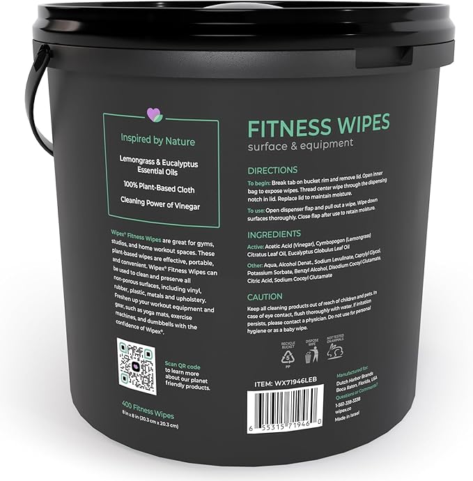 Wipex Gym Plant-Based Wipes, Natural Surface & Equipment Cleaning with Lemongrass, Eucalyptus & Vinegar for Home or Fitness Studio, Great on Yoga Mats, Peloton Bike, 400 Count (Pack of 2)